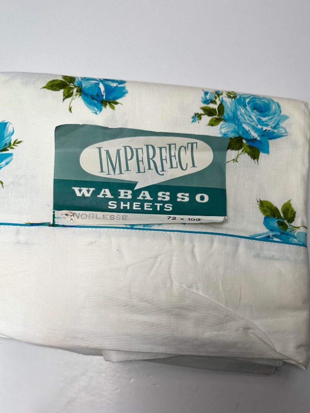 Vintage Wabasso Noblesse Double Flat Sheet Blue Rose Floral NWT Imperfect